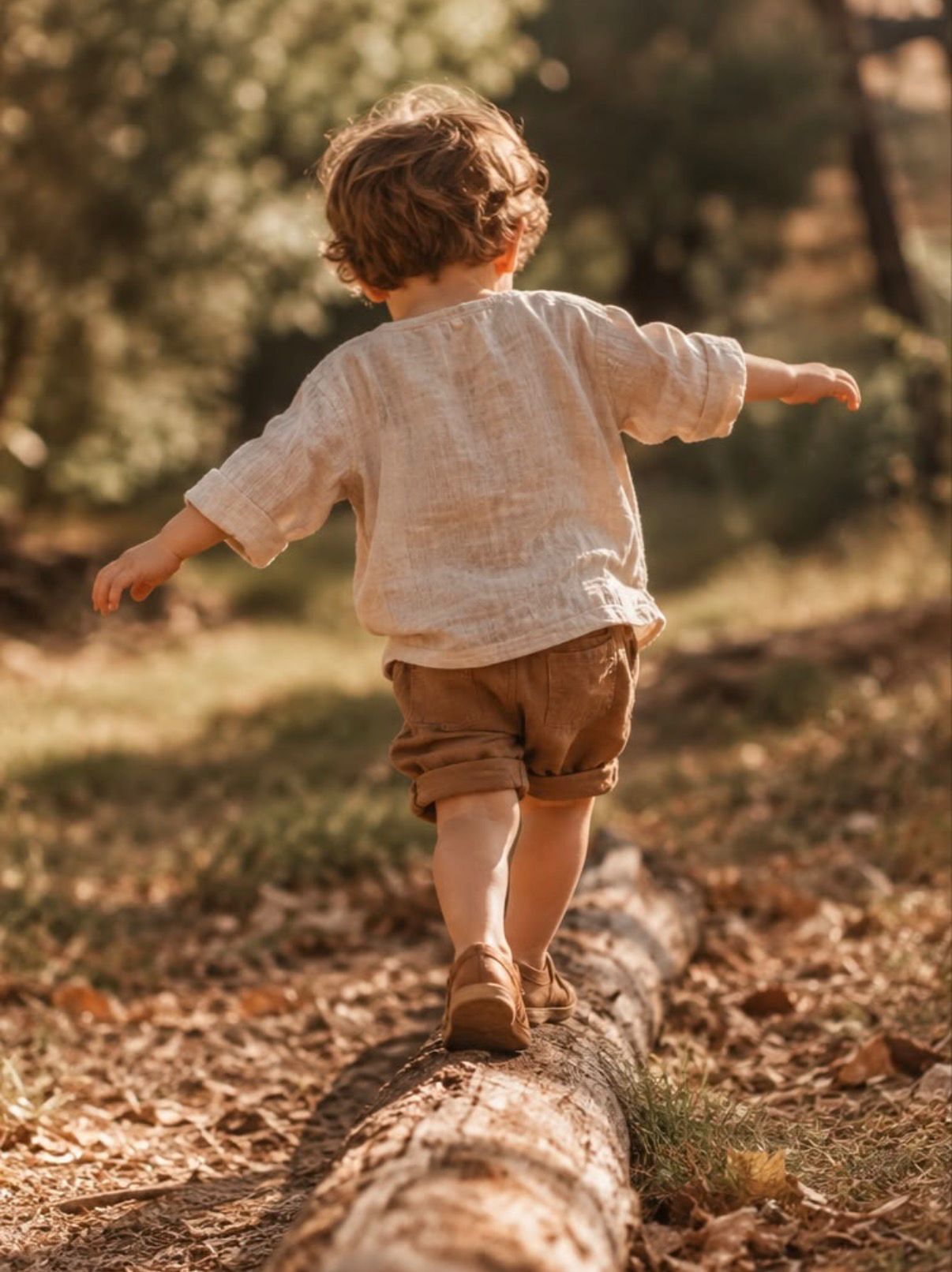 Bambino in equilibrio su un tronco nel bosco